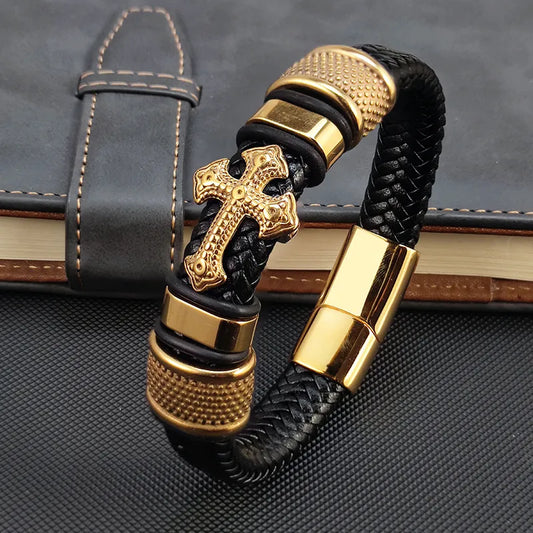Faith Steel Cross Leather Bracelet